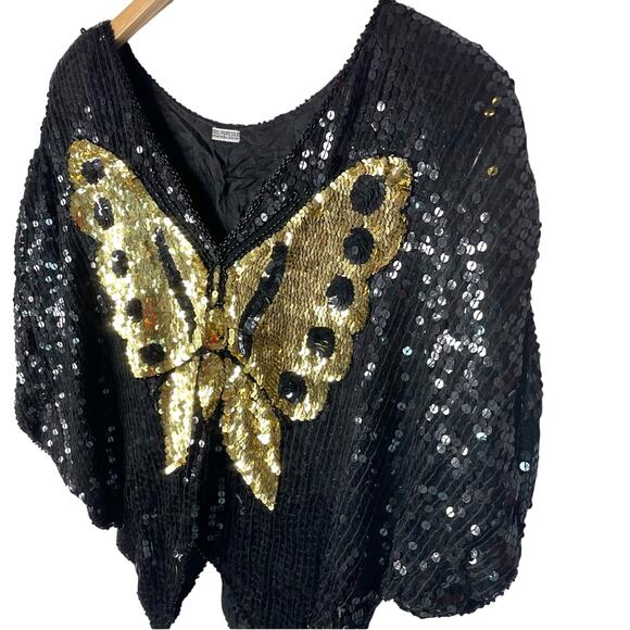 Sequin Butterfly Top Beaded Vintage 70/80s Glam Sparkle Silk - Picture 3 of 7